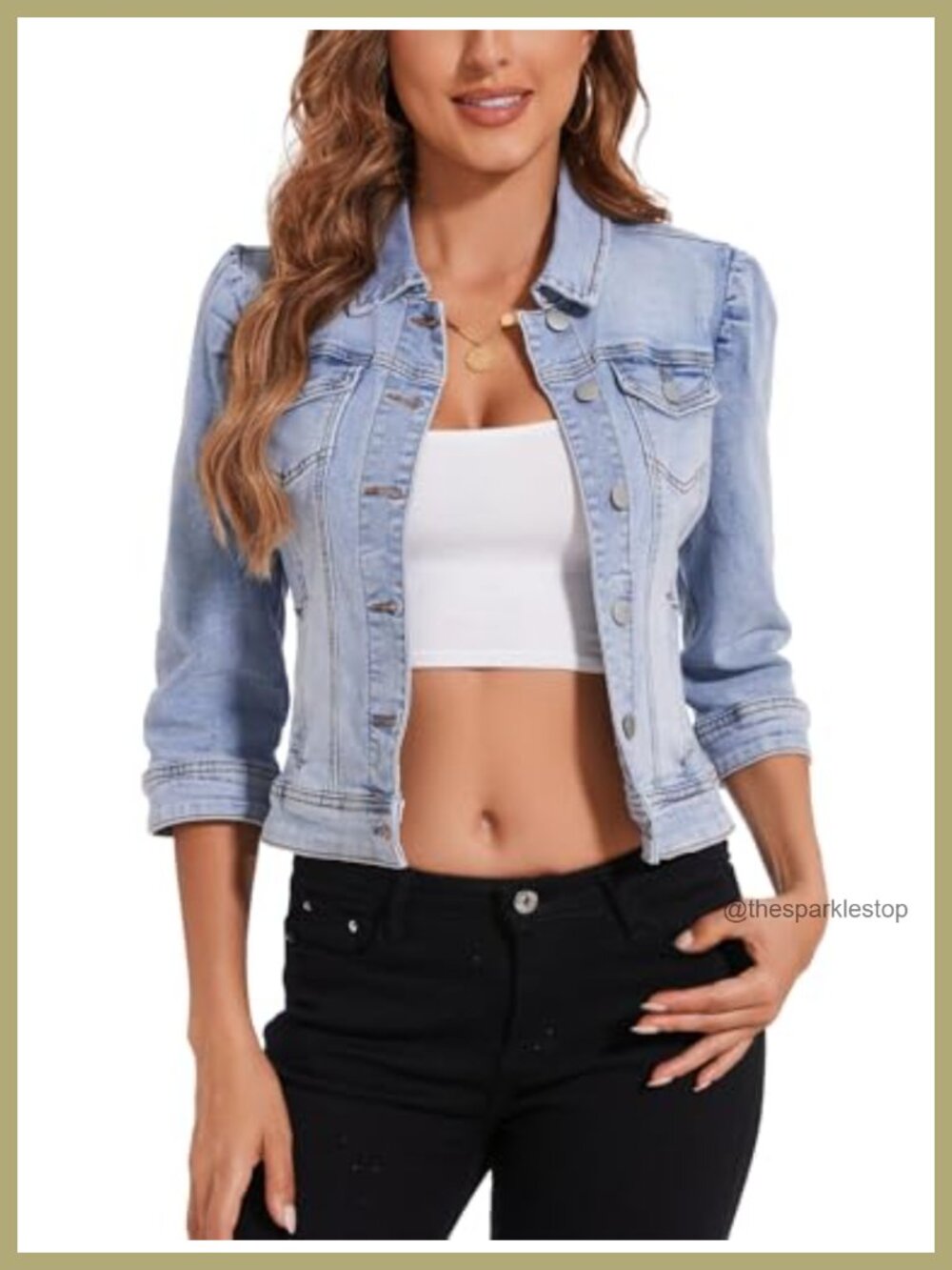 Cropped Denim Jacket Women Stretch 3/4 Puff Sleeve Distressed Pockets